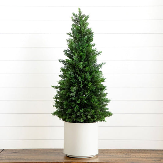  3-ft Artificial Cedar Tree In White Planter UV Resistant (Indoor/Outdoor)