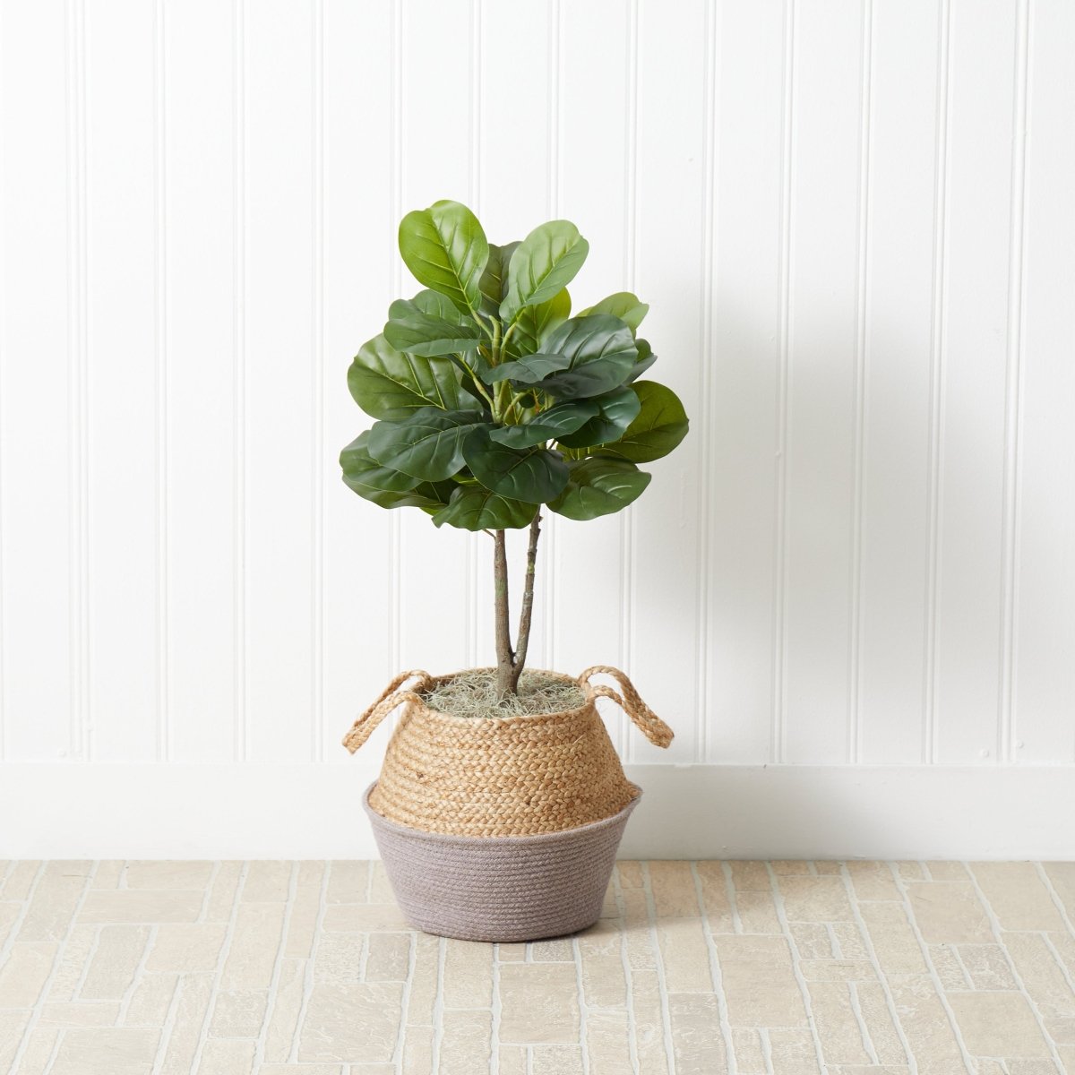  3-ft Artificial Fiddle Leaf Fig Tree With Handmade Cotton & Jute Woven Basket