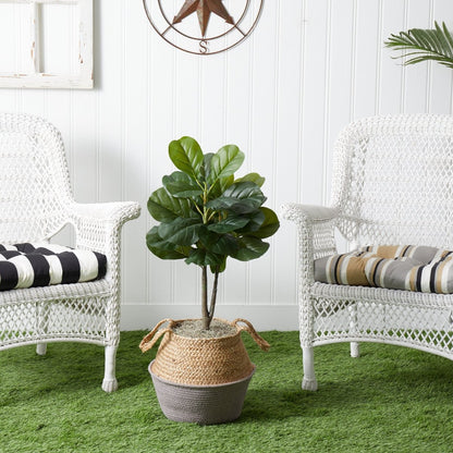  3-ft Artificial Fiddle Leaf Fig Tree With Handmade Cotton & Jute Woven Basket