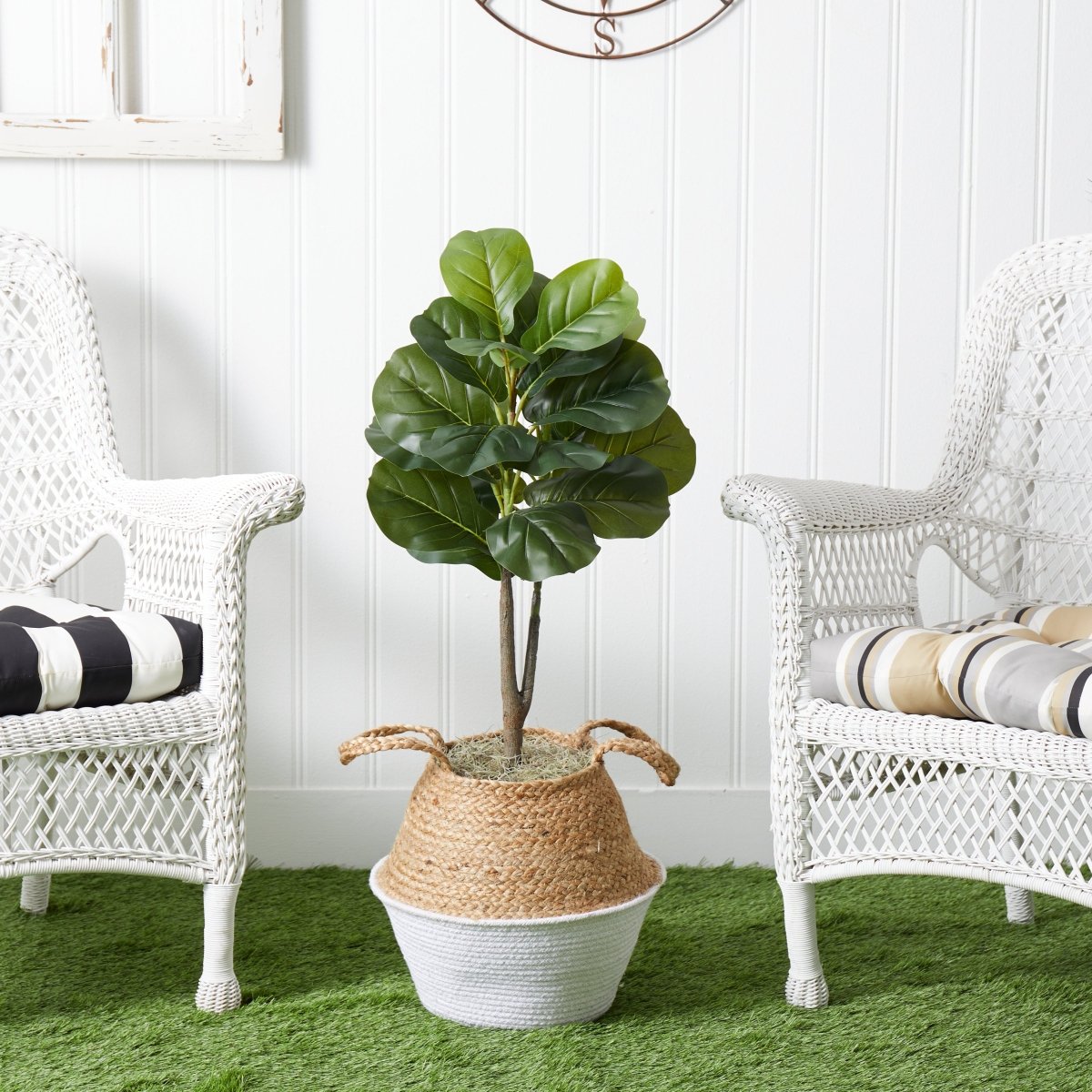  3-ft Artificial Fiddle Leaf Fig Tree With Handmade Cotton & Jute Woven Basket