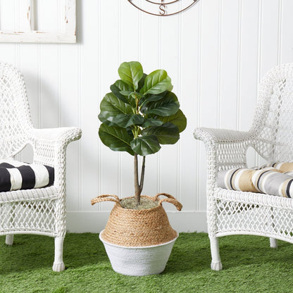  3-ft Artificial Fiddle Leaf Fig Tree With Handmade Cotton & Jute Woven Basket