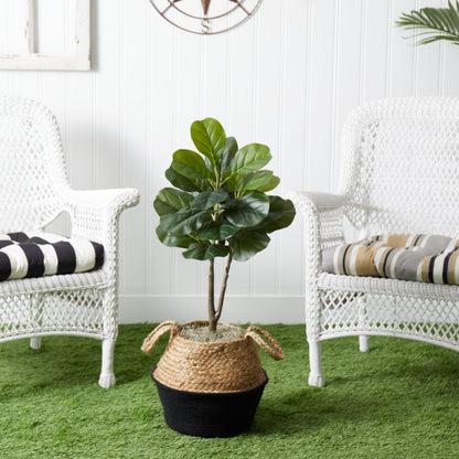  3-ft Artificial Fiddle Leaf Fig Tree With Handmade Cotton & Jute Woven Basket
