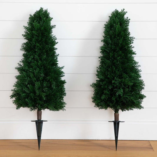  3-ft UV Resistant Artificial Cedar Plant With Integrated Ground Stake – Set Of 2