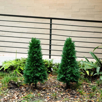  3-ft UV Resistant Artificial Cedar Plant With Integrated Ground Stake – Set Of 2