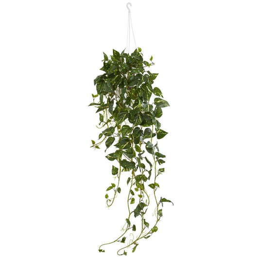  40-in Faux Green Pothos Hanging Basket – Lifelike Cascading Décor