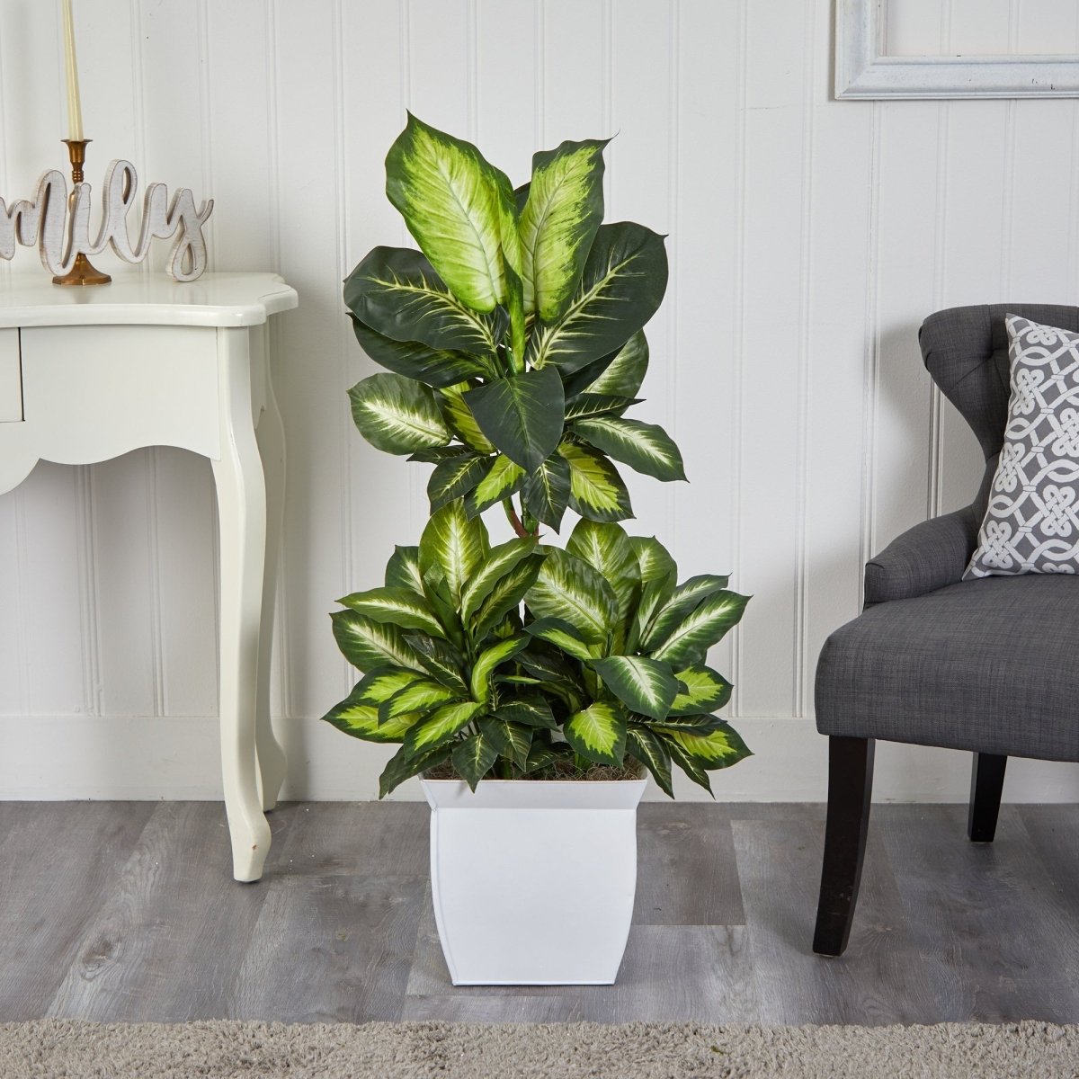  46-in Golden Dieffenbachia Artificial Plant In White Metal Planter