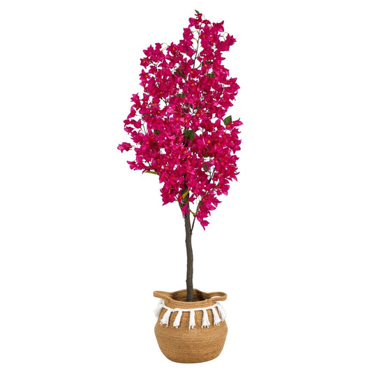  5-ft Artificial Bougainvillea Tree | Handmade Jute & Cotton Basket With Tassels