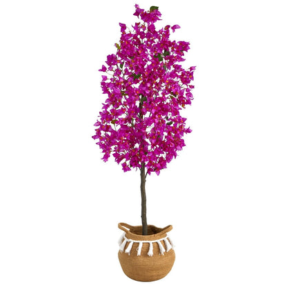  5-ft Artificial Bougainvillea Tree | Handmade Jute & Cotton Basket With Tassels