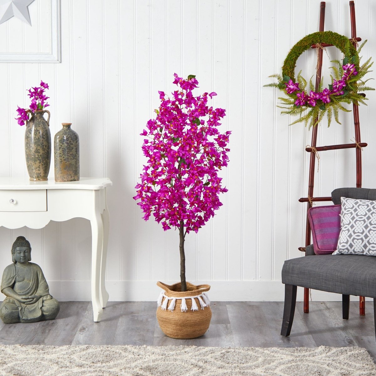  5-ft Artificial Bougainvillea Tree | Handmade Jute & Cotton Basket With Tassels