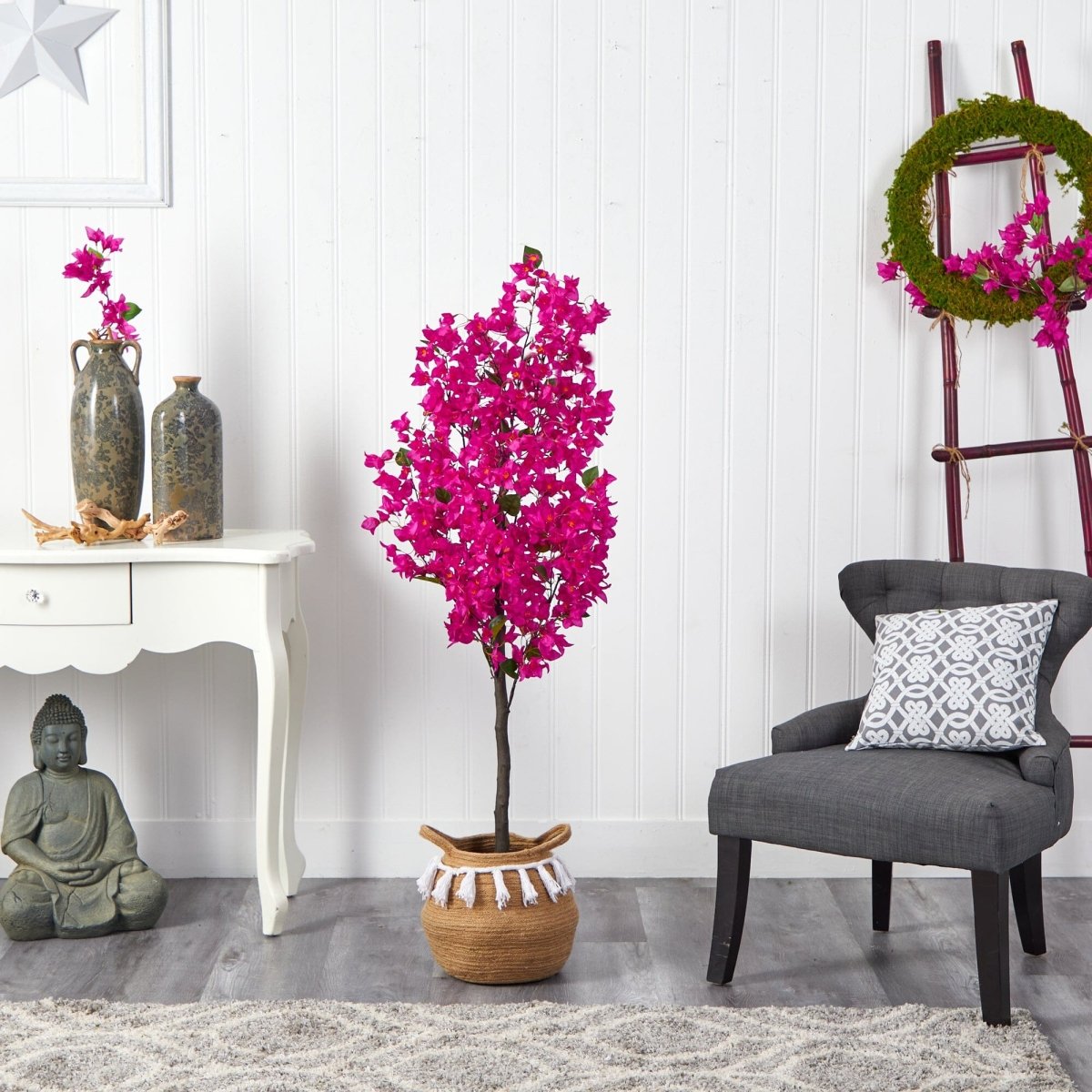  5-ft Artificial Bougainvillea Tree | Handmade Jute & Cotton Basket With Tassels