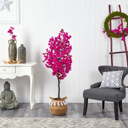  5-ft Artificial Bougainvillea Tree | Handmade Jute & Cotton Basket With Tassels