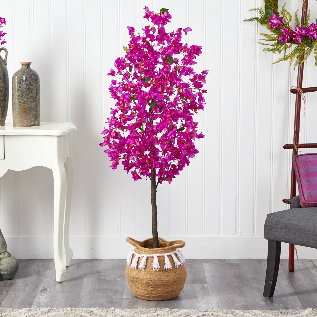  5-ft Artificial Bougainvillea Tree | Handmade Jute & Cotton Basket With Tassels