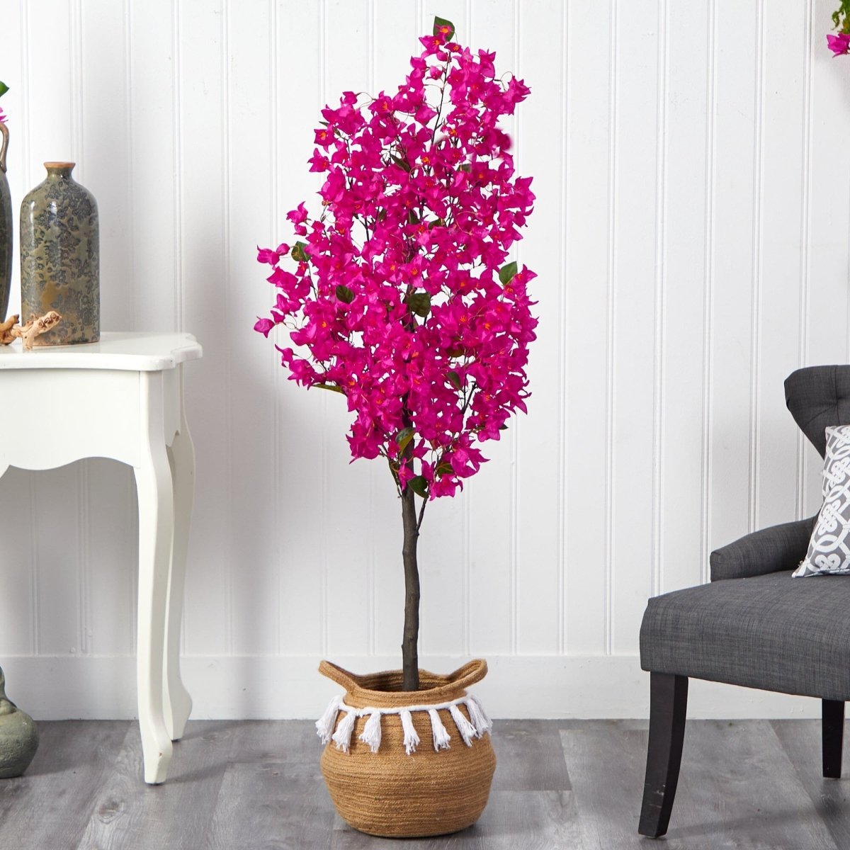  5-ft Artificial Bougainvillea Tree | Handmade Jute & Cotton Basket With Tassels