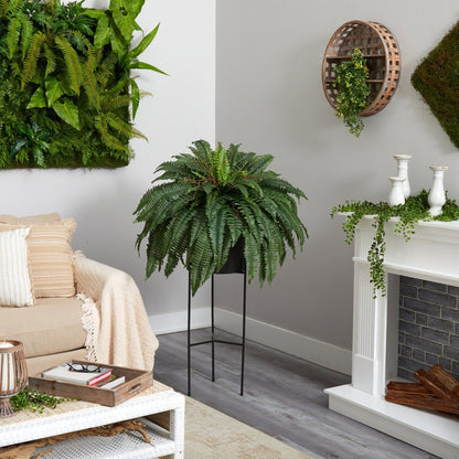  51-in Boston Fern Artificial Plant In Black Planter With Stand | Cascading Faux Greenery