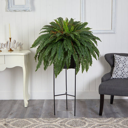  51-in Boston Fern Artificial Plant In Black Planter With Stand | Cascading Faux Greenery