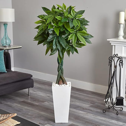 5.5-ft Artificial Money Tree In White Tower Planter