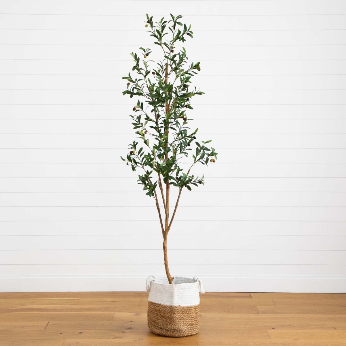  7-ft Artificial Olive Tree With Natural Trunk & Handmade Jute Basket