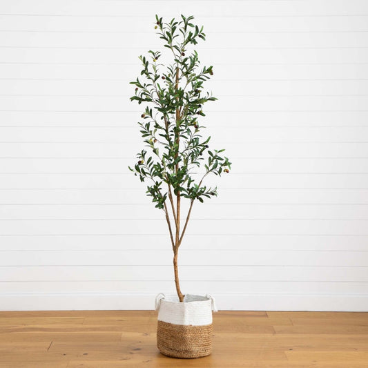  7-ft Artificial Olive Tree With Natural Trunk & Handmade Jute Basket