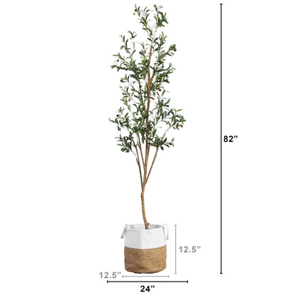  7-ft Artificial Olive Tree With Natural Trunk & Handmade Jute Basket