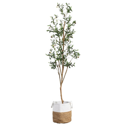  7-ft Artificial Olive Tree With Natural Trunk & Handmade Jute Basket