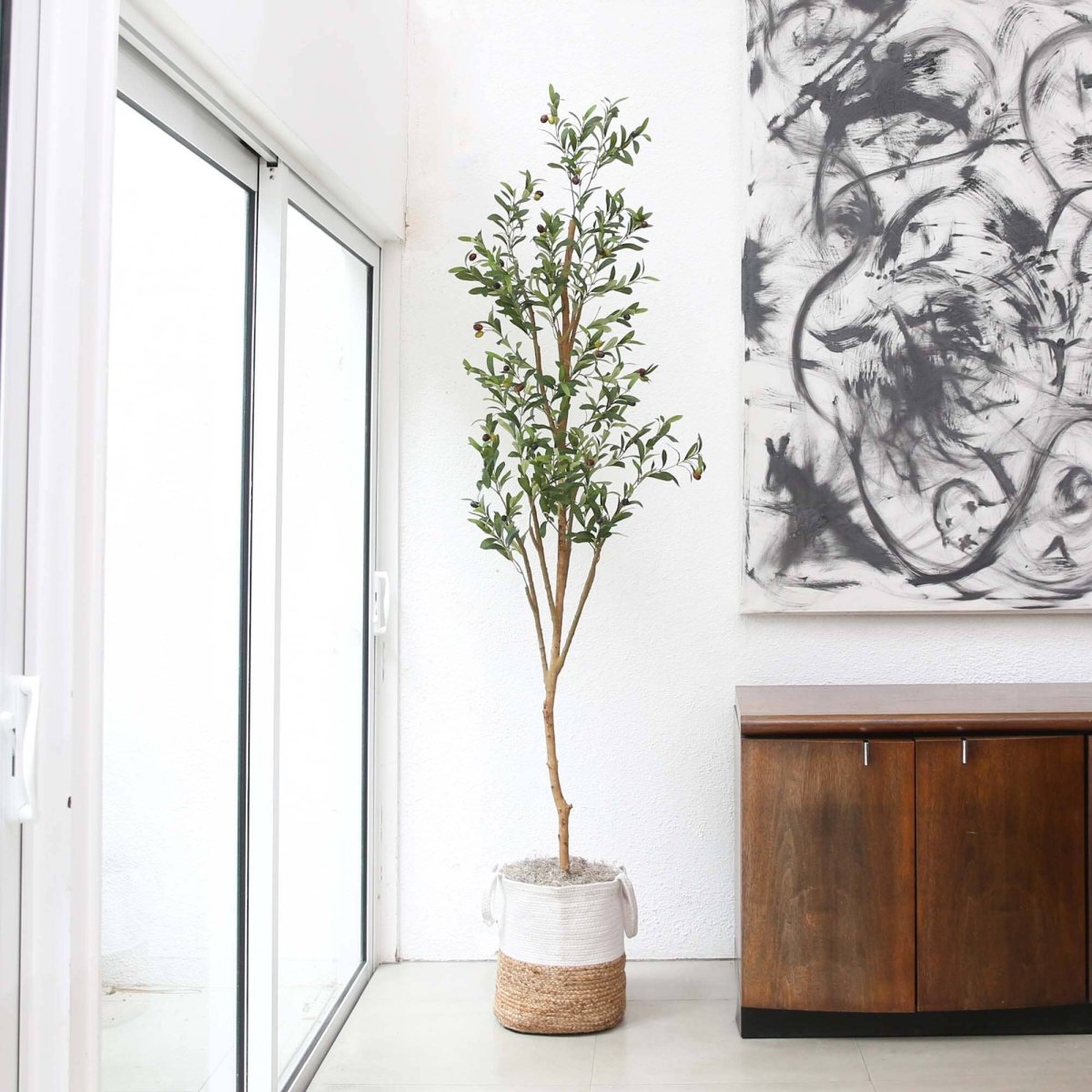  7-ft Artificial Olive Tree With Natural Trunk & Handmade Jute Basket