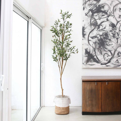  7-ft Artificial Olive Tree With Natural Trunk & Handmade Jute Basket