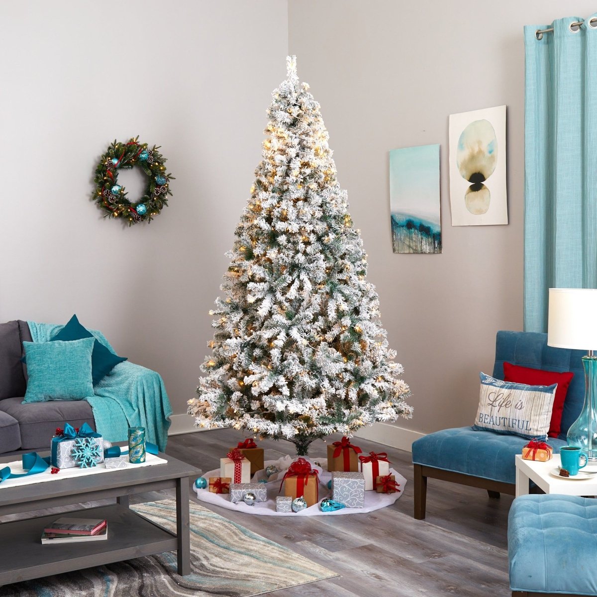 8-ft Flocked Rock Springs Spruce Artificial Christmas Tree With 500 Clear LED Lights & 1186 Bendable Branches
