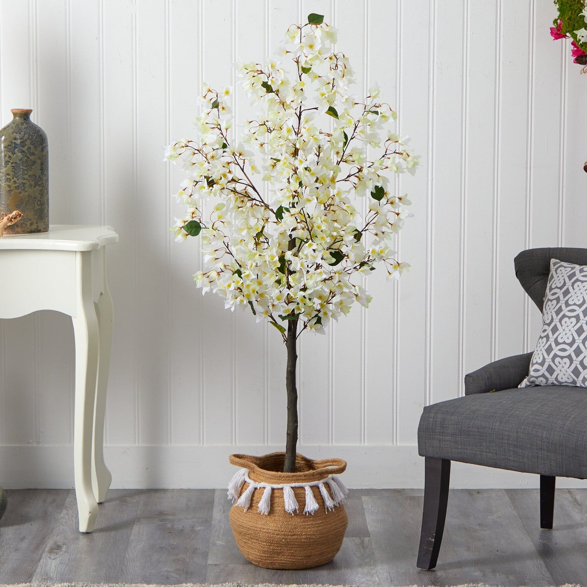  5-ft Artificial Bougainvillea Tree | Handmade Jute & Cotton Basket With Tassels
