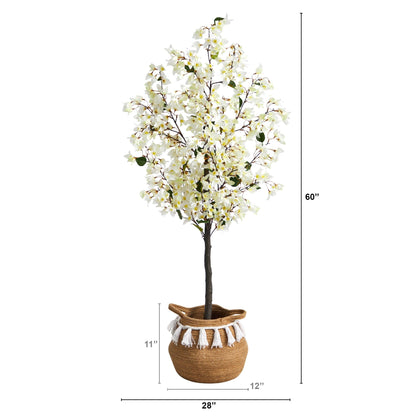  5-ft Artificial Bougainvillea Tree | Handmade Jute & Cotton Basket With Tassels