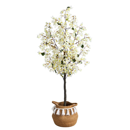  5-ft Artificial Bougainvillea Tree | Handmade Jute & Cotton Basket With Tassels