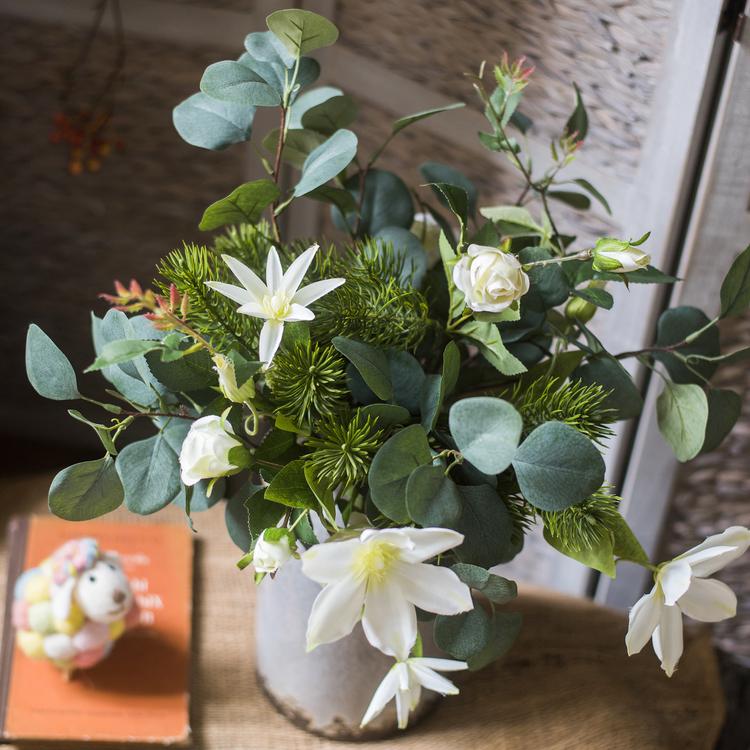  20" Tall Artificial Flower Bouquet - Clematis And Rose In Greenery