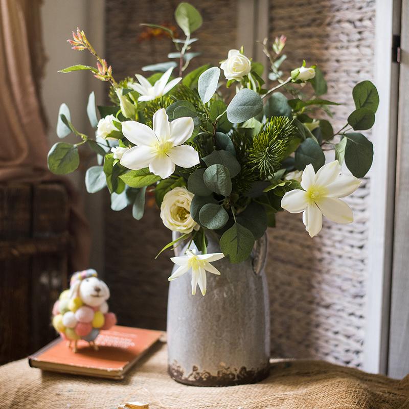 20" Tall Artificial Flower Bouquet - Clematis And Rose In Greenery