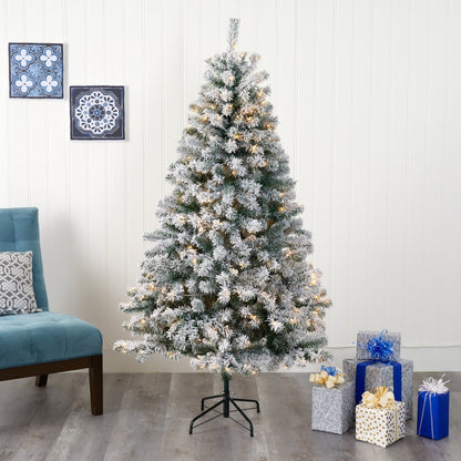  Flocked Rock Springs Spruce Tree | 6' Pre-Lit Artificial Christmas Tree