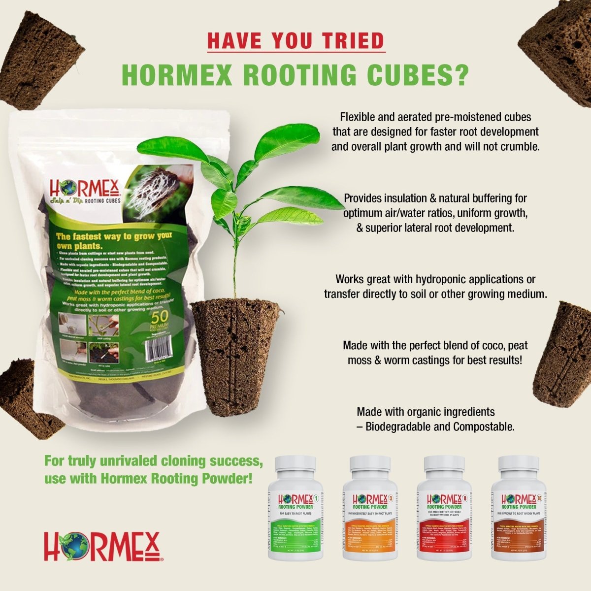  Hormex Rooting Cubes – Organic Peat & Coco Plugs For Cuttings & Seedlings