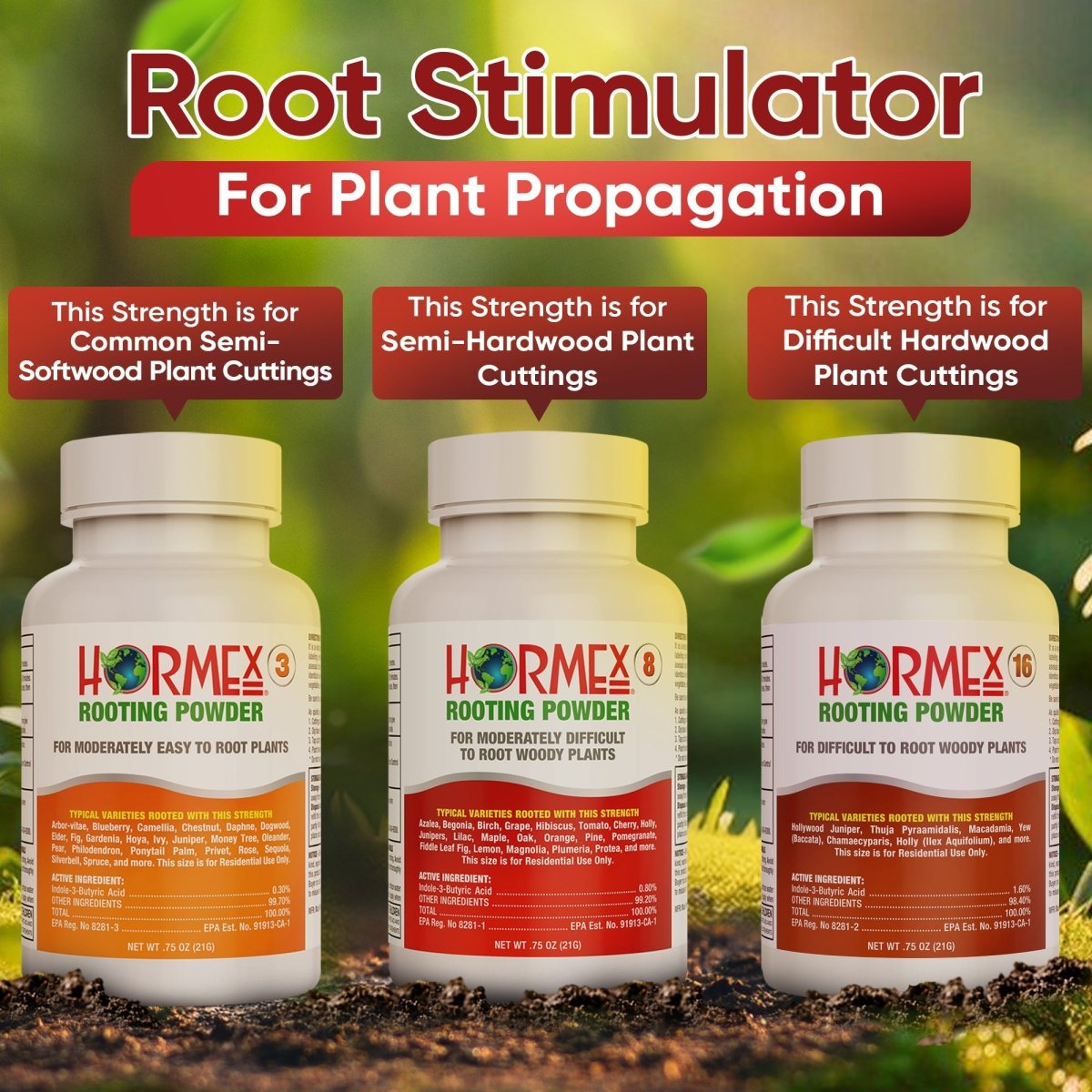  Hormex Rooting Powder Pack – #3, #8 & #16 High-Strength Cloning Kit For Semi-Softwood To Hardwood Cuttings