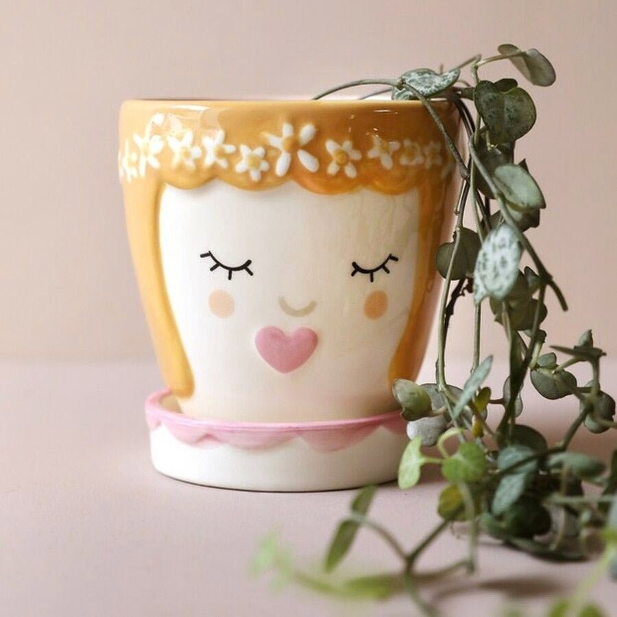  Pink Face Ceramic Planter And Tray, 9cm