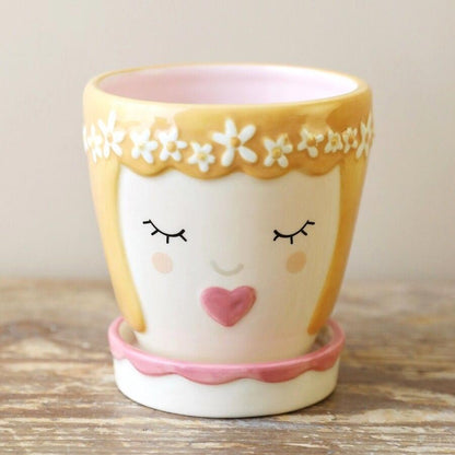  Pink Face Ceramic Planter And Tray, 9cm