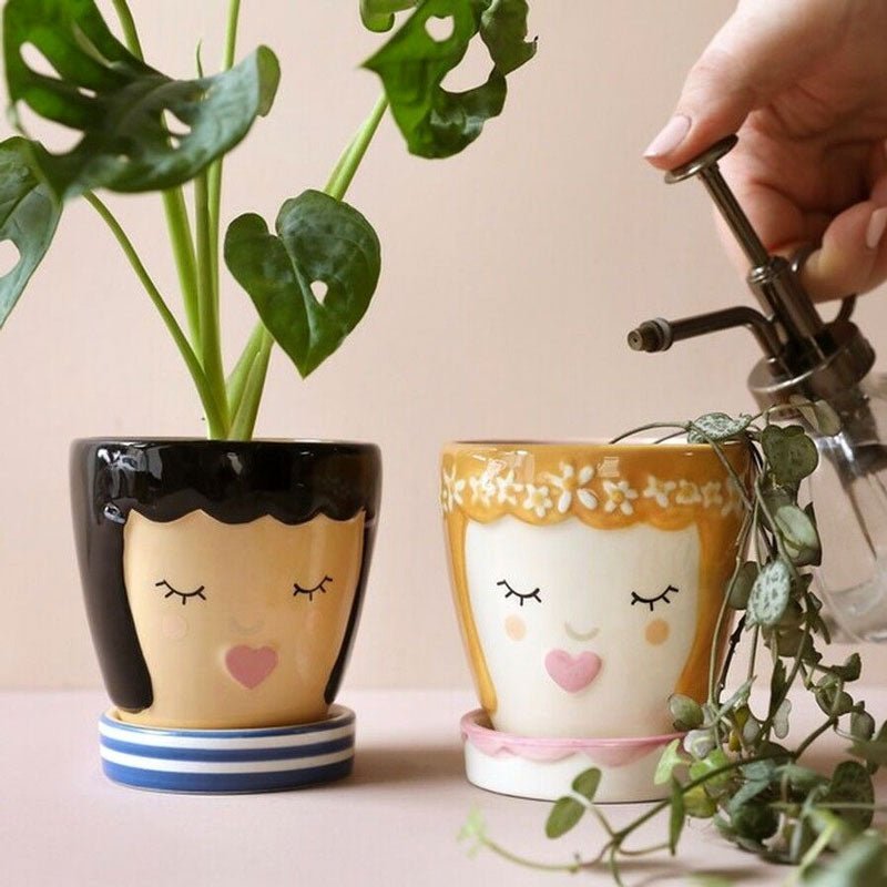  Pink Face Ceramic Planter And Tray, 9cm