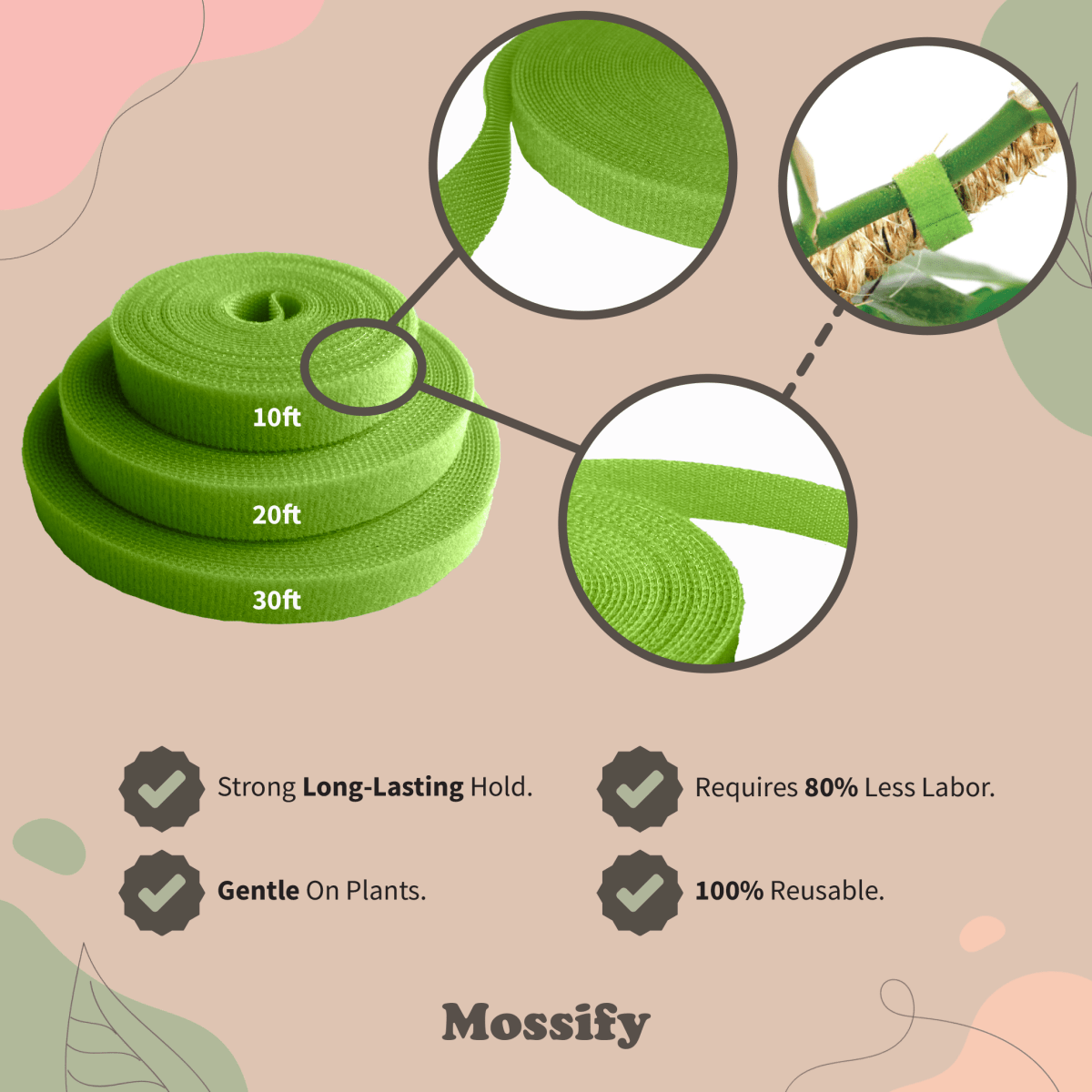  Reusable Plant Tape By Mossify – Soft Velcro Plant Tie For Indoor & Outdoor Use (20ft, 30ft)