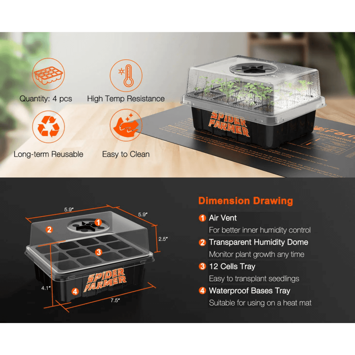  Spider Farmer Seed Starting Trays (4-Pack) | 12-Cell Trays With Domes For Optimal Germination