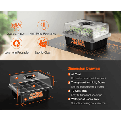  Spider Farmer Seed Starting Trays (4-Pack) | 12-Cell Trays With Domes For Optimal Germination