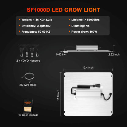  Spider Farmer SF1000D LED Grow Light | Full Spectrum, Energy Efficient, 100W