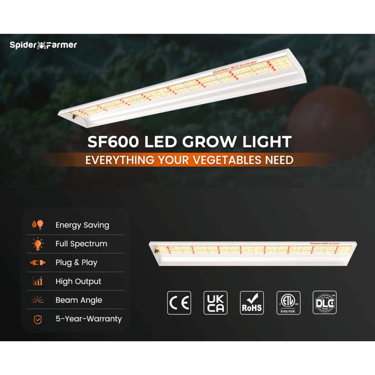  Spider Farmer SF600 74W LED Veg Grow Light | Full Spectrum Energy-Efficient Lighting